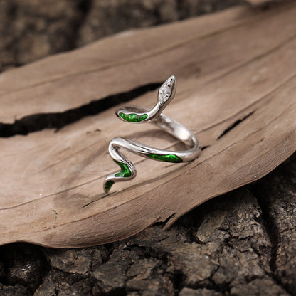  Green Epoxy Snake 925 Sterling Silver Adjustable Ring 