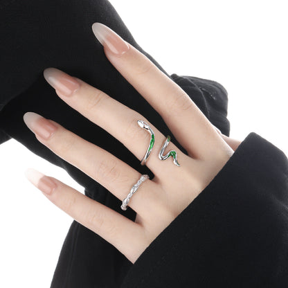 Green Epoxy Snake 925 Sterling Silver Adjustable Ring, On Finger
