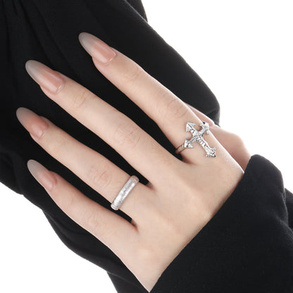 Modern irregular cross 925 sterling silver adjustable ring with 22mm top size