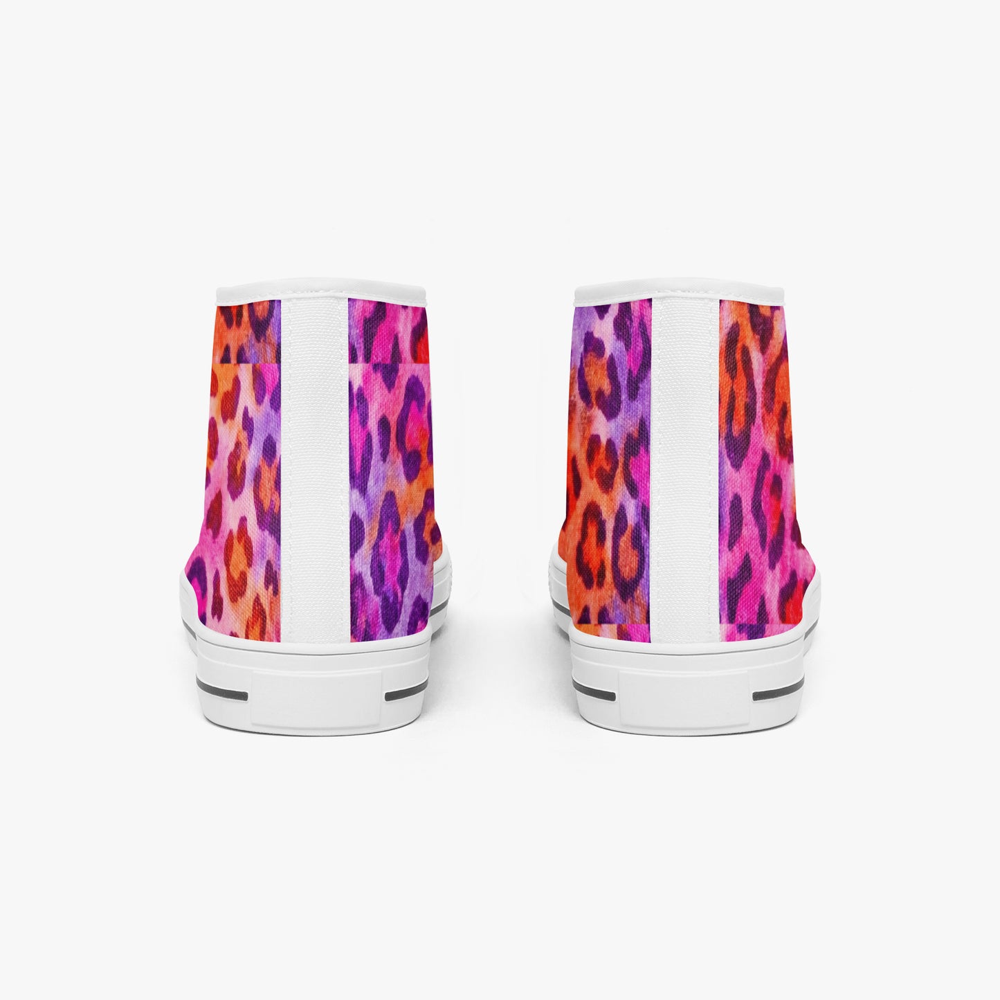 Pair of high-top sneakers with colorful leopard print pattern on a white background