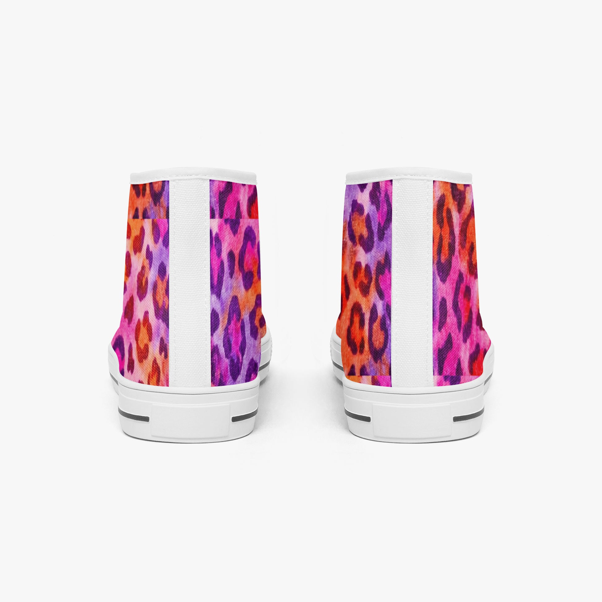 Pair of high-top sneakers with colorful leopard print pattern on a white background