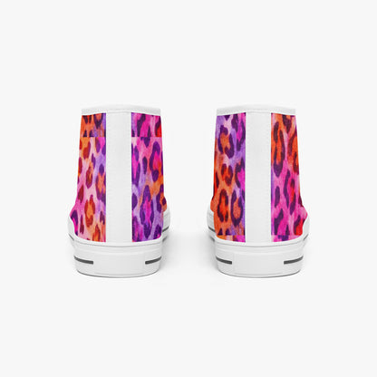 Pair of high-top sneakers with colorful leopard print pattern on a white background