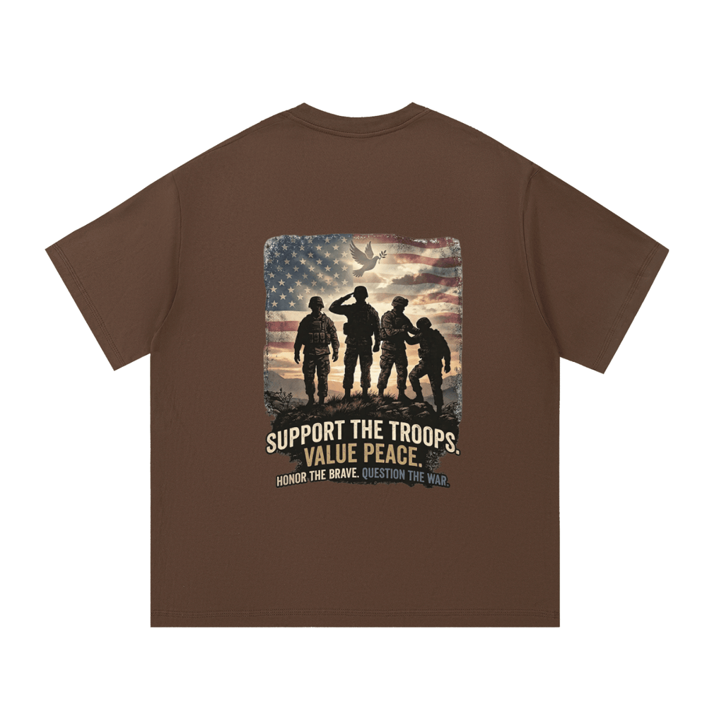 Brown t-shirt with a graphic of soldiers and text on the back, on a white background.
Support The Troops T-Shirt
Protest The War