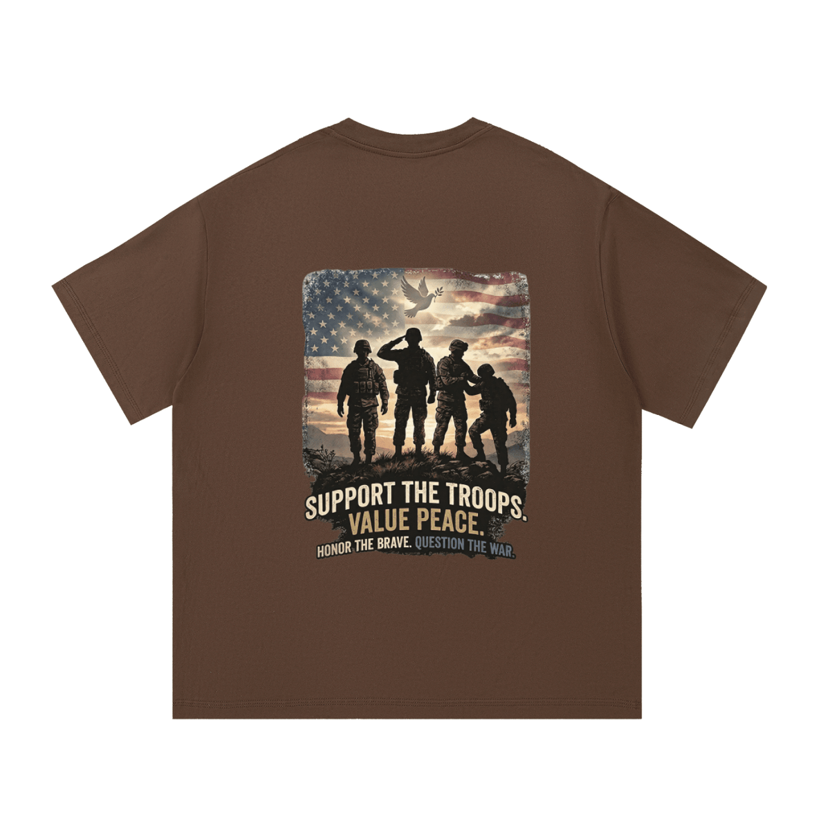 Brown t-shirt with a graphic of soldiers and text on the back, on a white background.
Support The Troops T-Shirt
Protest The War