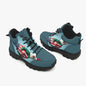 Pair of blue hiking boots with a handshake design featuring American and Mexican flags on a white background.