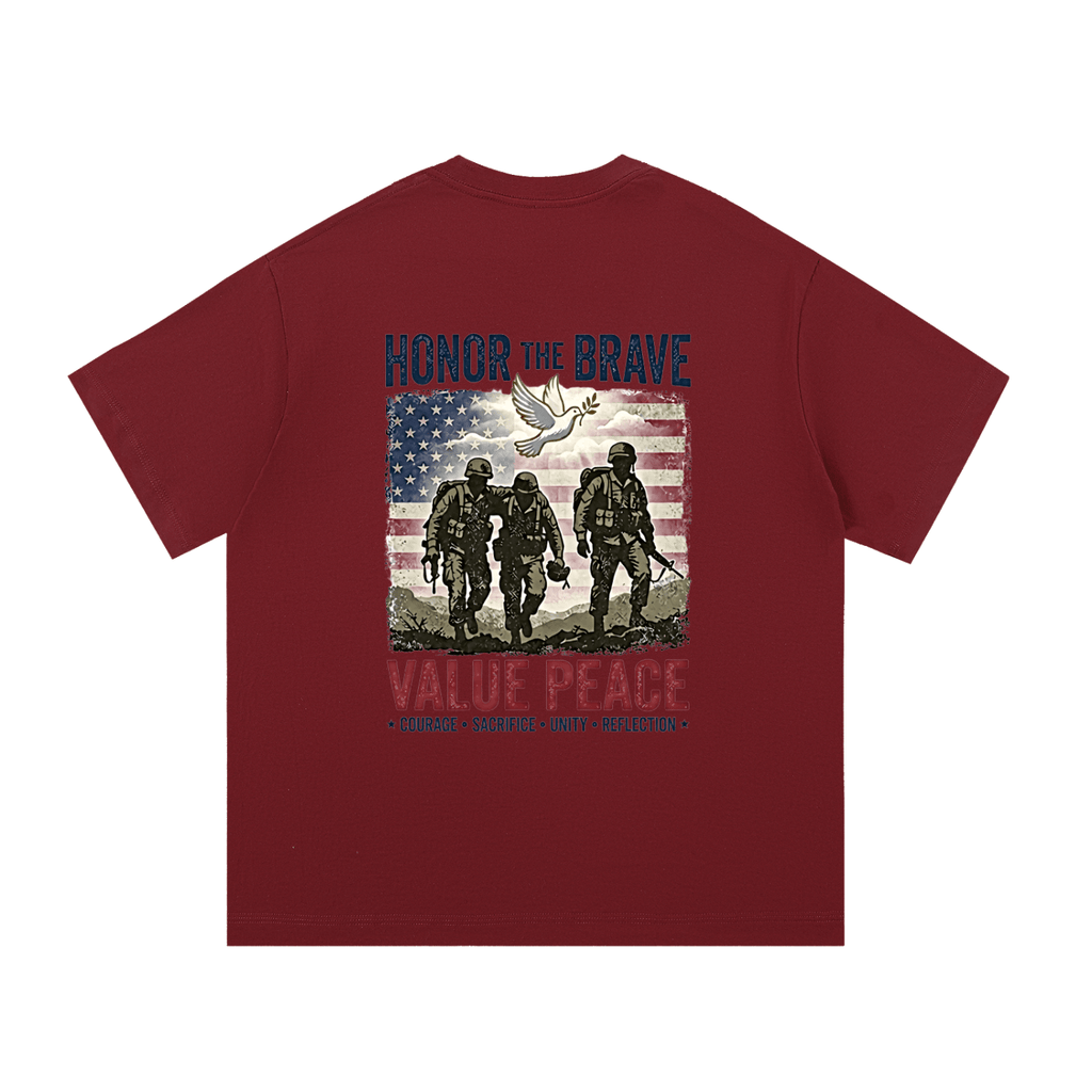 Maroon t-shirt with graphic design of soldiers, American flag, and text on a white background. Support The Troops T-Shirt
Protest The War