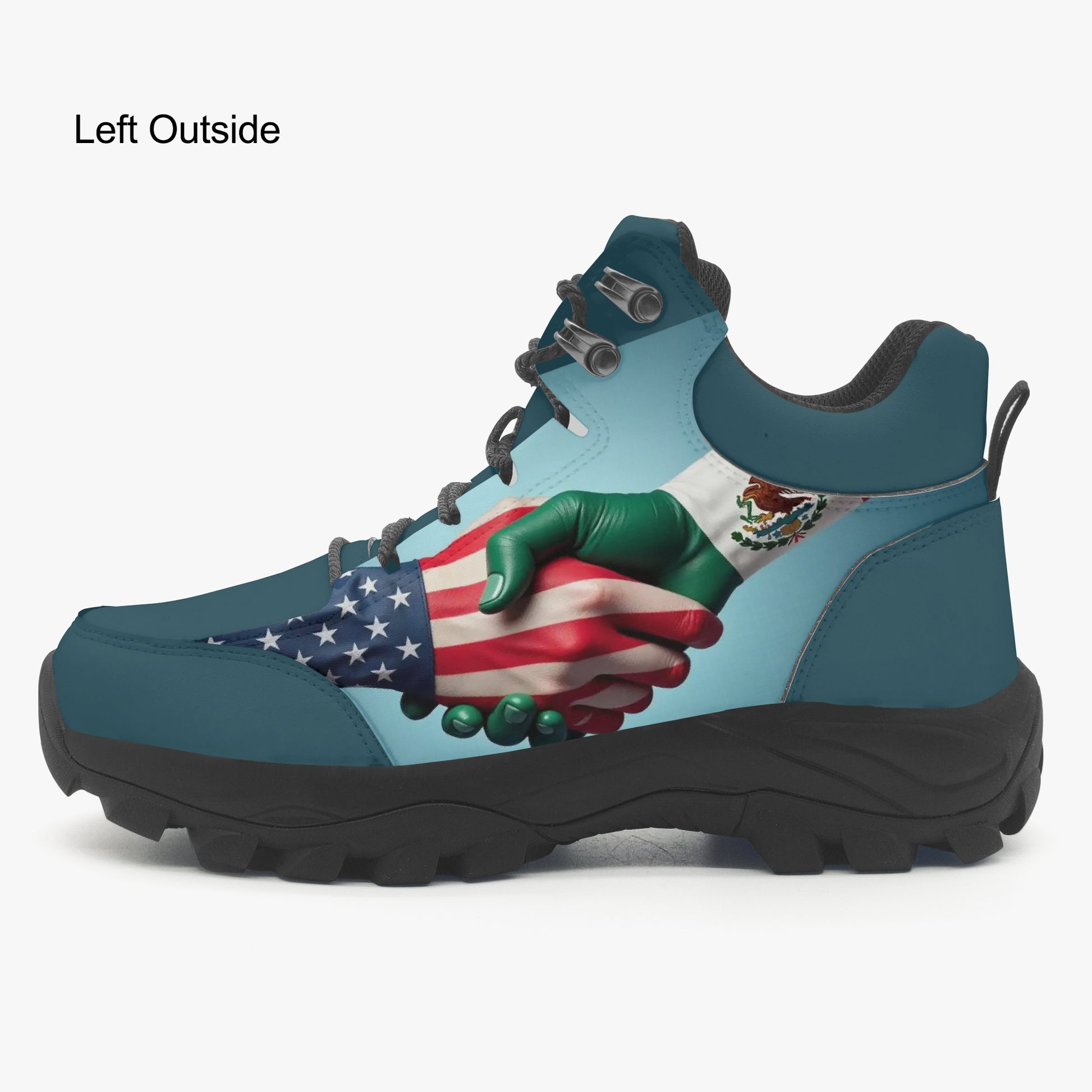 Blue hiking boot with a design of two hands shaking, one American flag and one Mexican flag, on a white background.