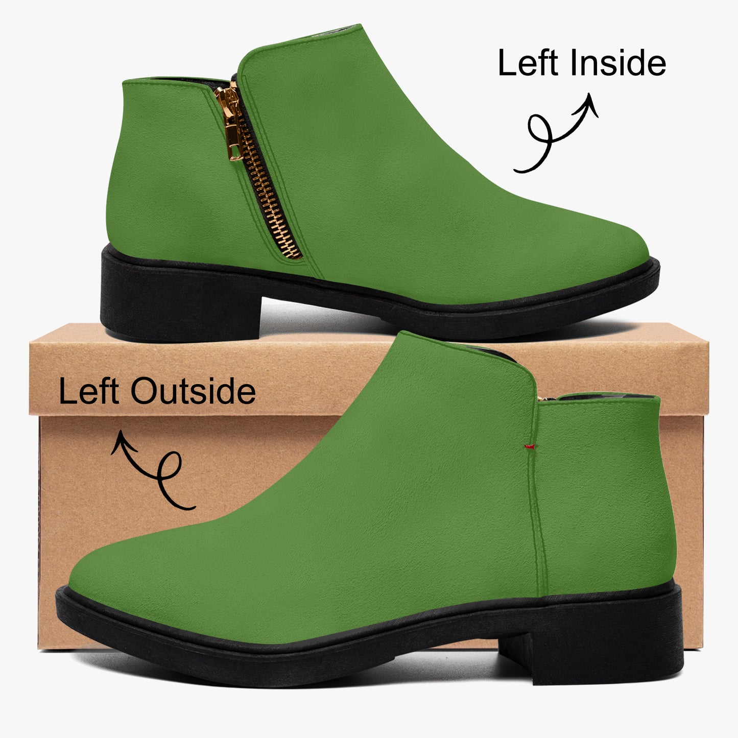 Green ankle boots with black soles on a cardboard box, showing left and right sides. Zipper Boots