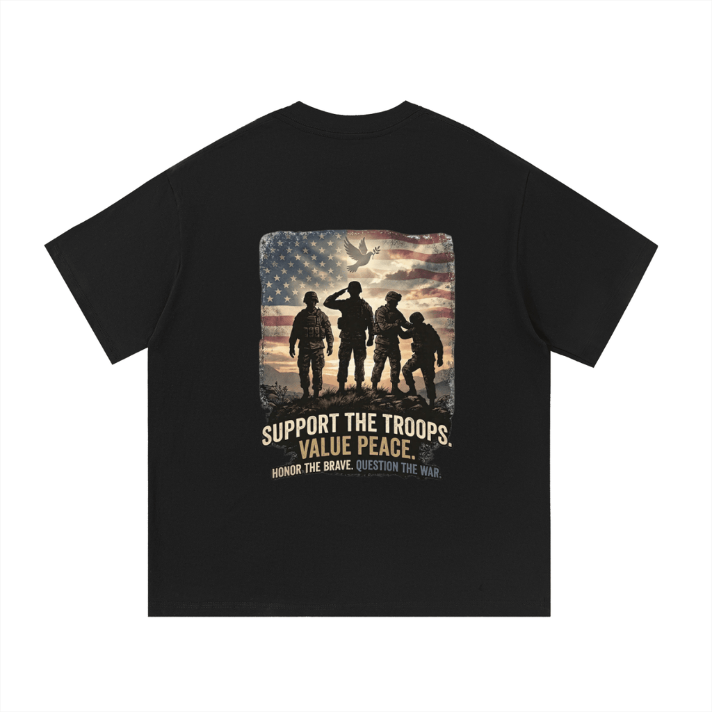 Black t-shirt with a graphic of soldiers and an American flag, featuring text on a white background. Support The Troops T-Shirt
Protest The War