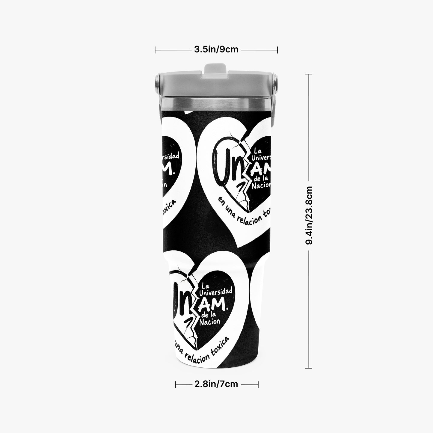 Black and white tumbler with heart designs and text, shown with dimensions on a white background.
UNAM
