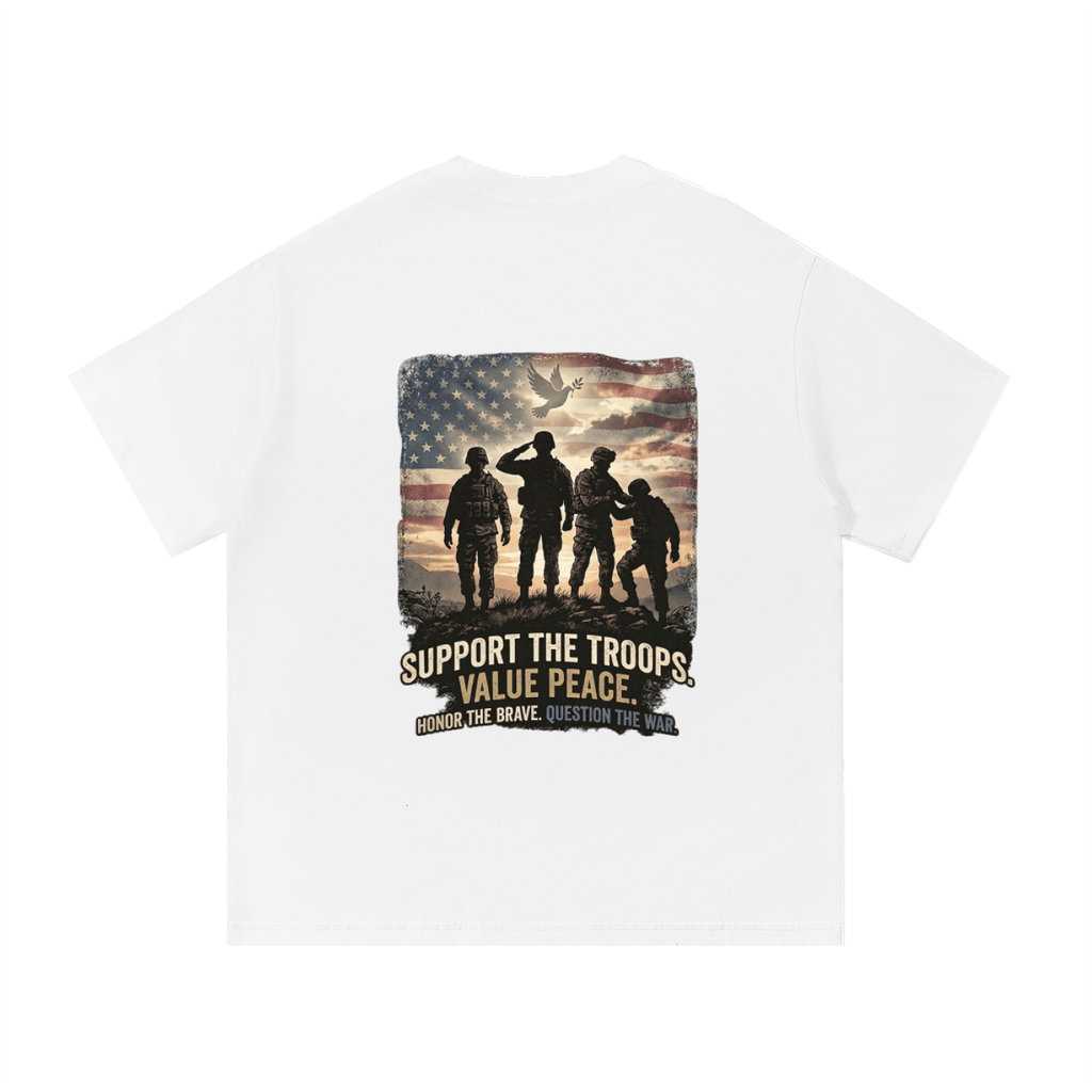 White t-shirt with a graphic of soldiers and an American flag on a white background. Support The Troops T-Shirt
Protest The War