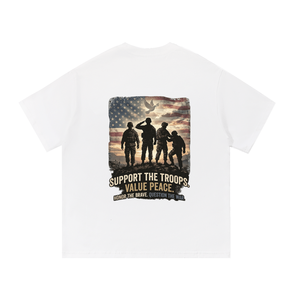 White t-shirt with a graphic of soldiers and an American flag on a white background. Support The Troops T-Shirt
Protest The War