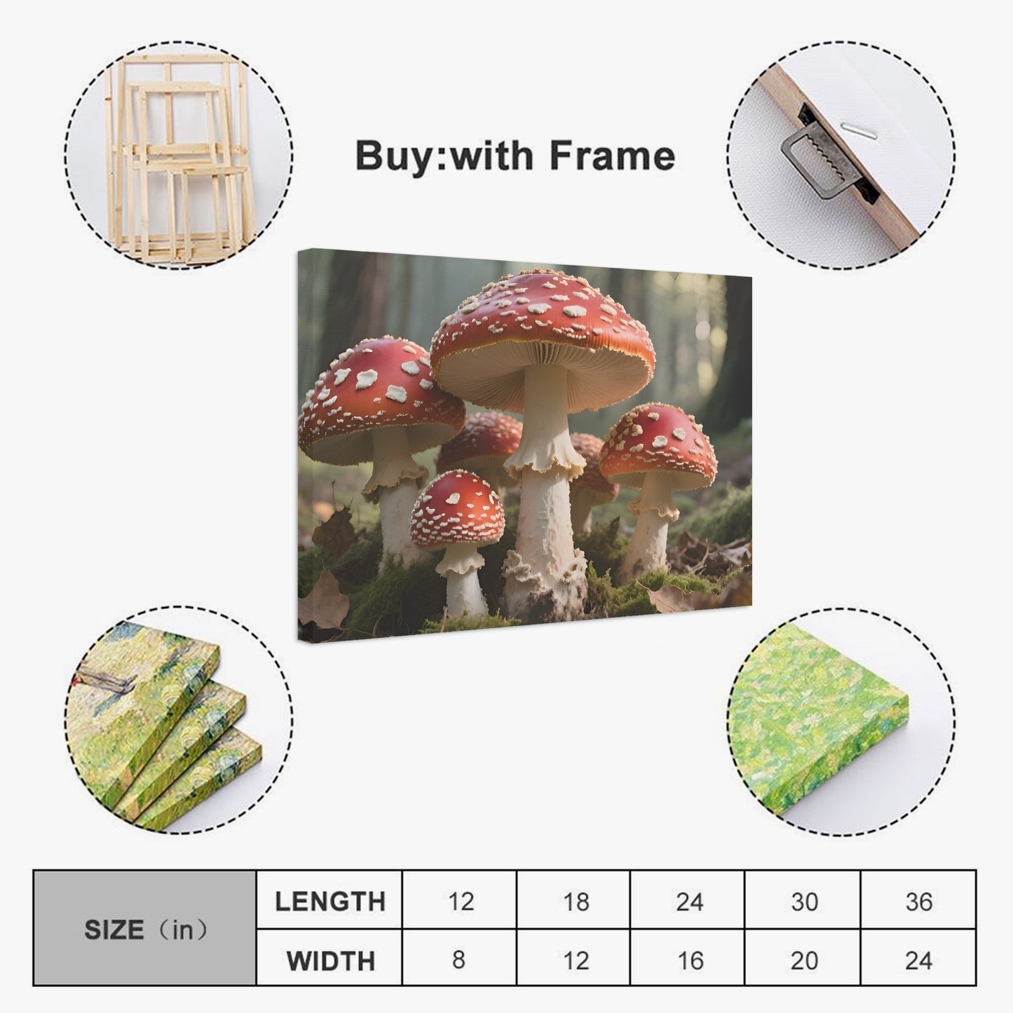 Canvas print of mushrooms with frame options and size chart on a white background
Red Capped Mushroom Art

Fungi Wall Art