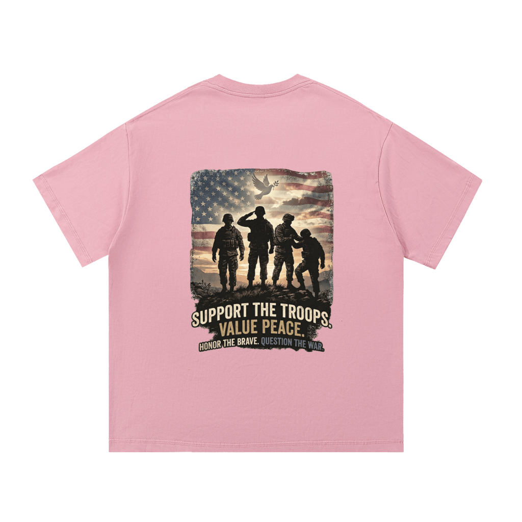Pink t-shirt with a graphic of soldiers and an American flag on the back, on a white background. 
Support The Troops T-Shirt
Protest The War