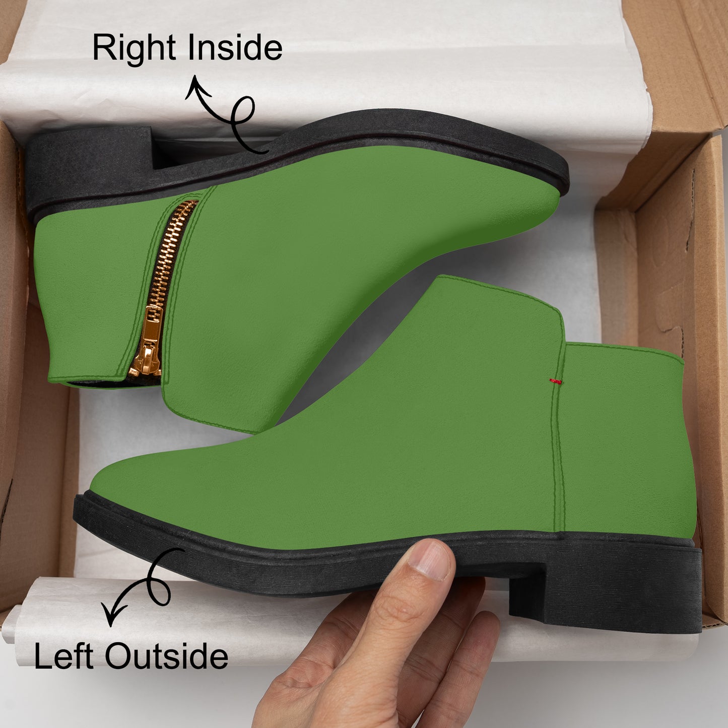 Green ankle boots with black soles in a box, labeled 'Right Inside' and 'Left Outside'. Zipper Boots