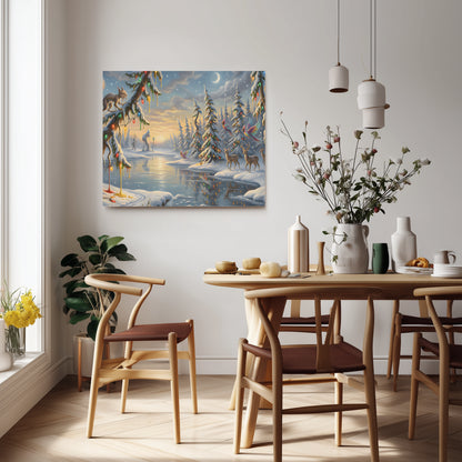 Dining room with wooden table and chairs, floral arrangement, and Dali Inspired winter landscape painting on the wall.