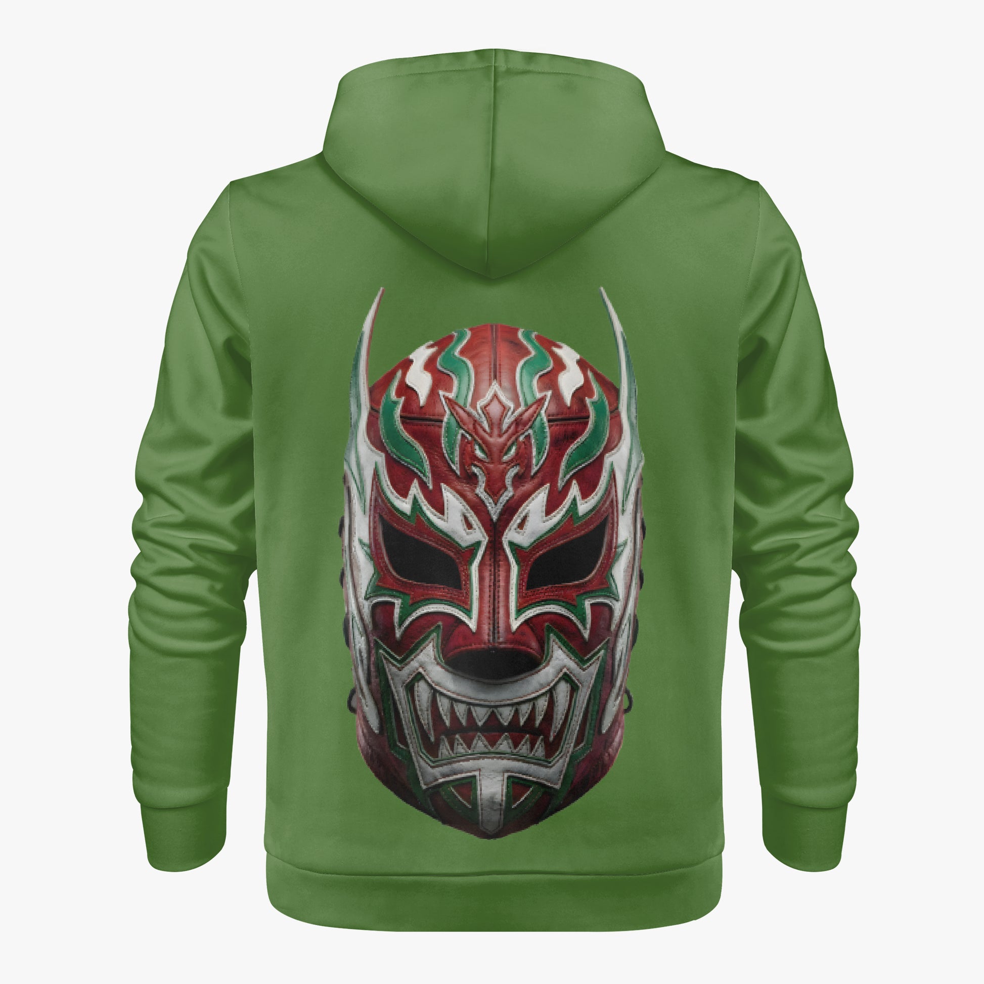 Green hoodie with a mask design on the back against a white background, Lucha Libre Sweatshirt