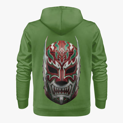 Green hoodie with a mask design on the back against a white background, Lucha Libre Sweatshirt