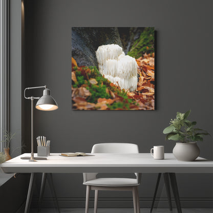 Modern office setup with a desk, chair, lamp, and decorative elements on a gray wall.
Lions Mane Mushroom Wall Art

Fungi Wall Art