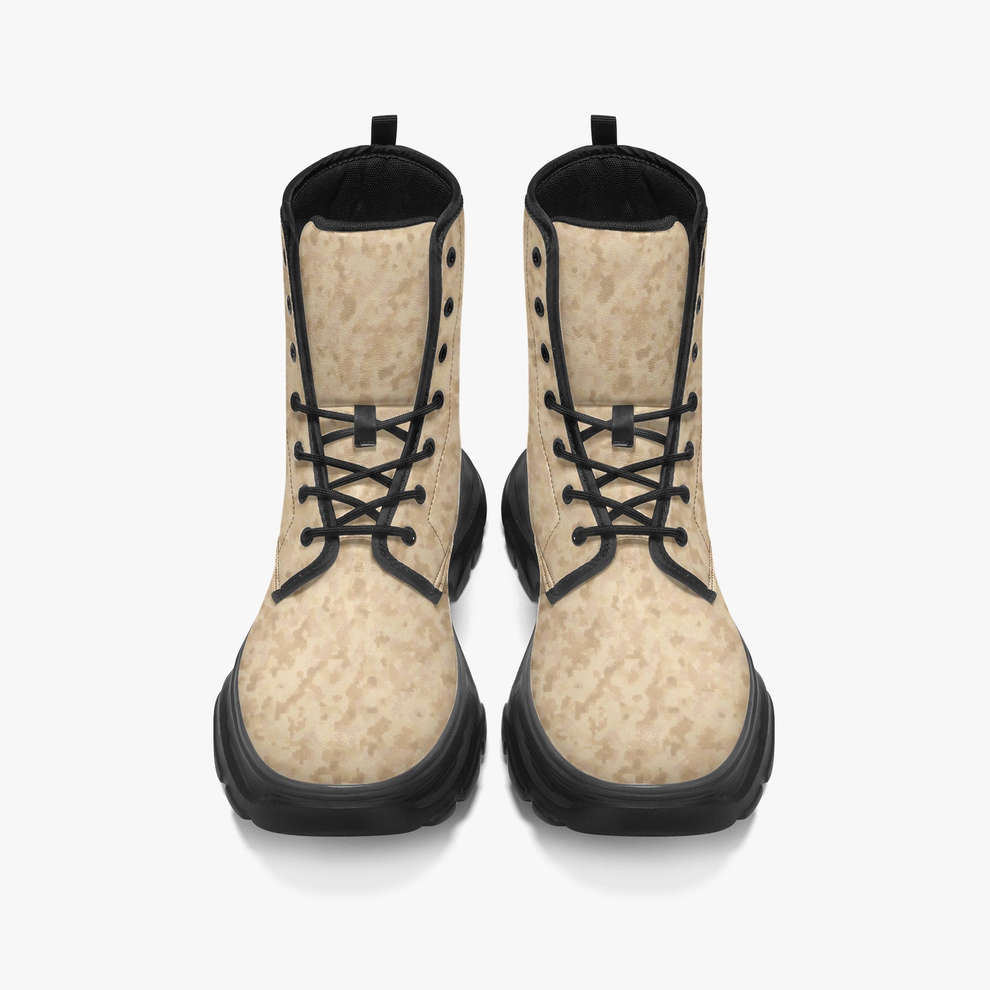 Pair of camoflauge boots with black laces on a white background, Camo boots