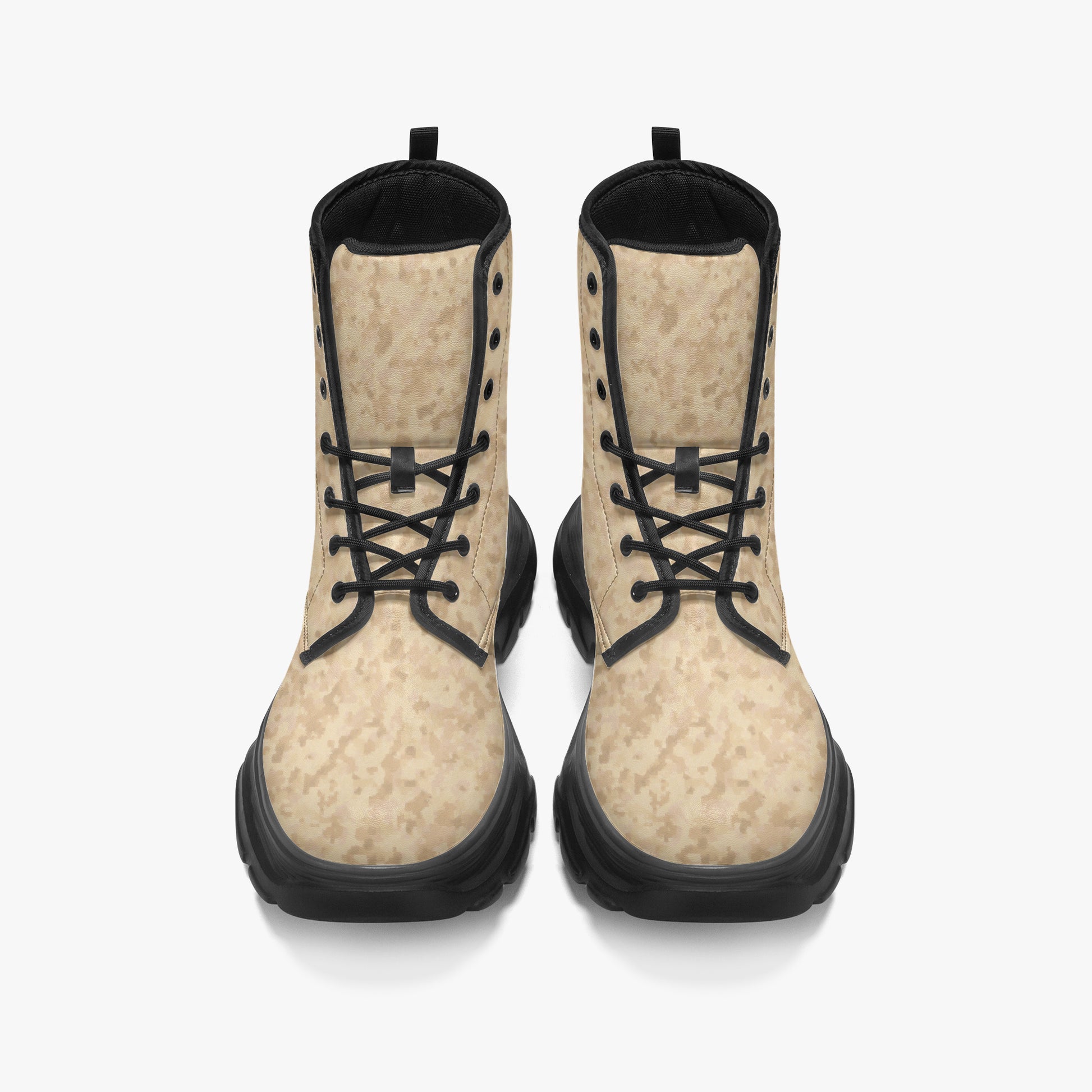 Pair of camoflauge boots with black laces on a white background, Camo boots