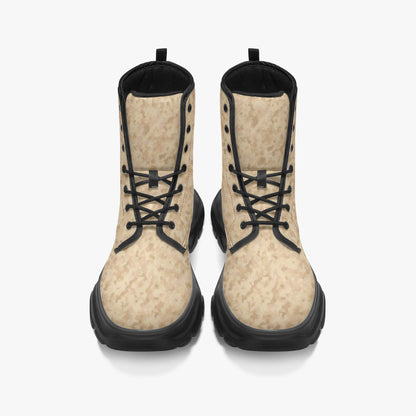 Pair of camoflauge boots with black laces on a white background, Camo boots