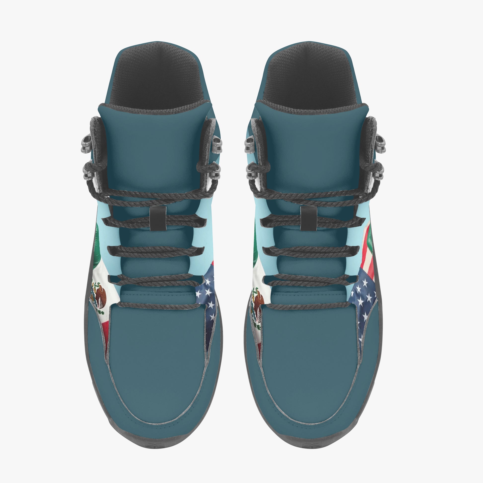 Pair of teal high-top sneakers with American flag Mexican Flag design on a white background