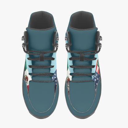 Pair of teal high-top sneakers with American flag Mexican Flag design on a white background