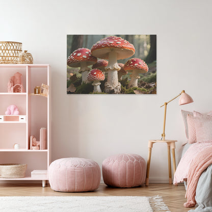 Room interior with pink ottomans, a shelf, and a mushroom-themed wall art piece.
Red Capped Mushroom Art

Fungi Wall Art