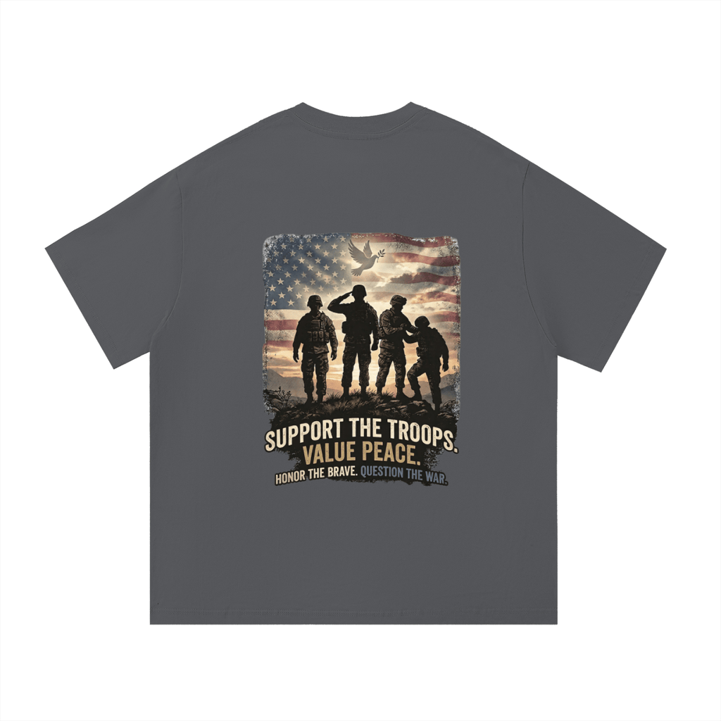 Gray t-shirt with a graphic of soldiers and an American flag on the back, featuring text.
Support The Troops T-Shirt
Protest The War