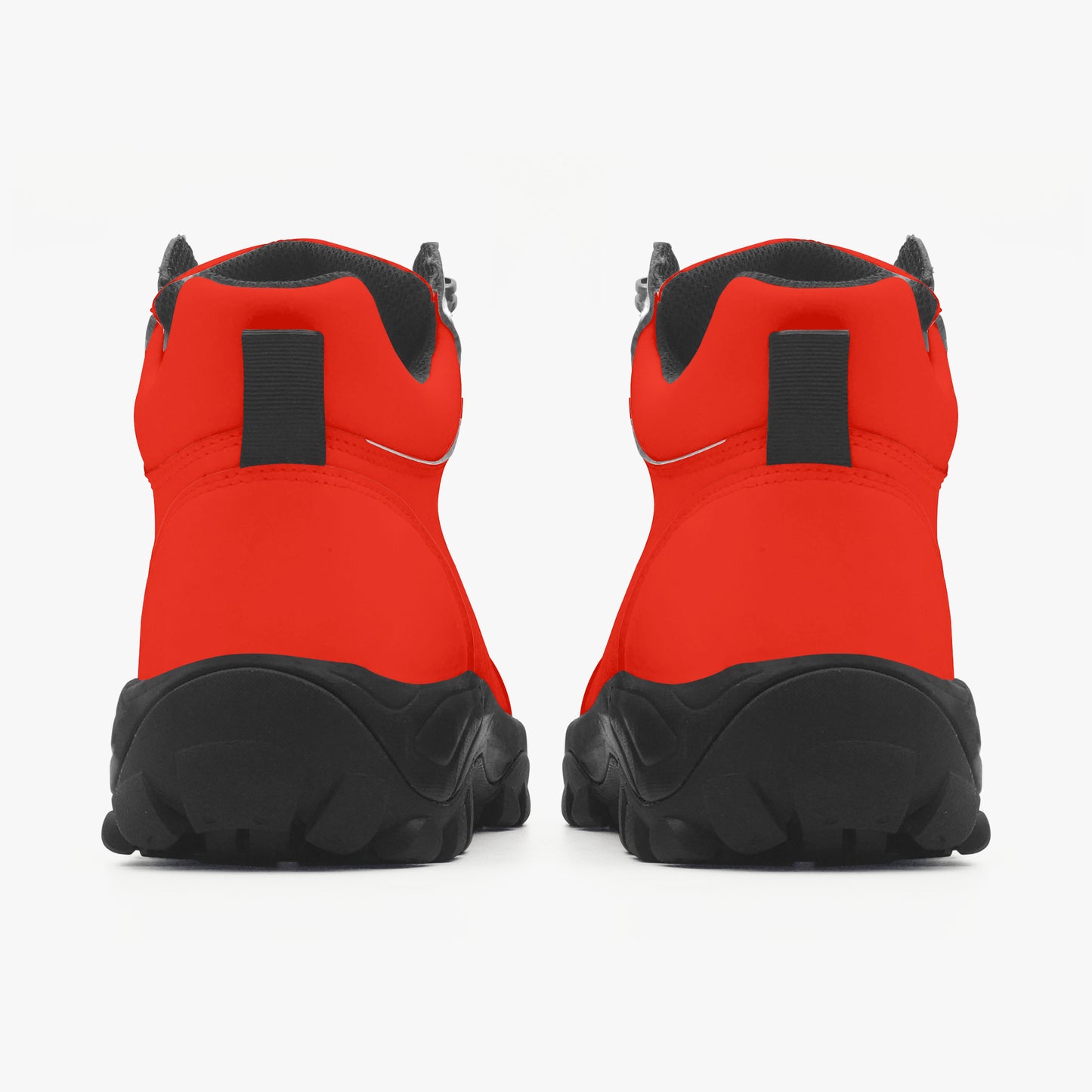 Red and black boots shown from the back on a white background
