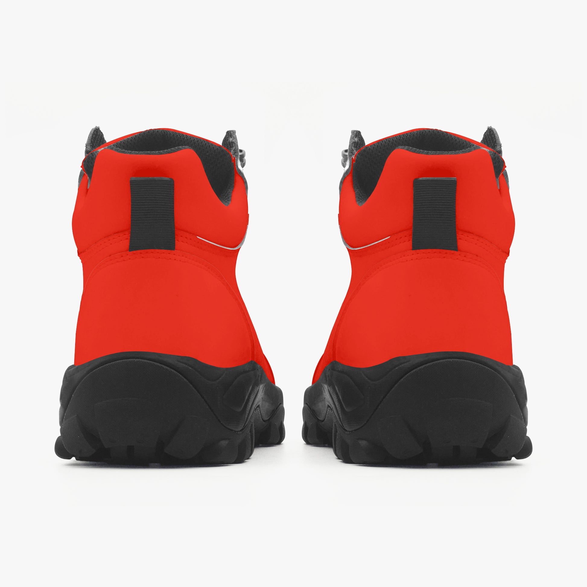 Red and black boots shown from the back on a white background