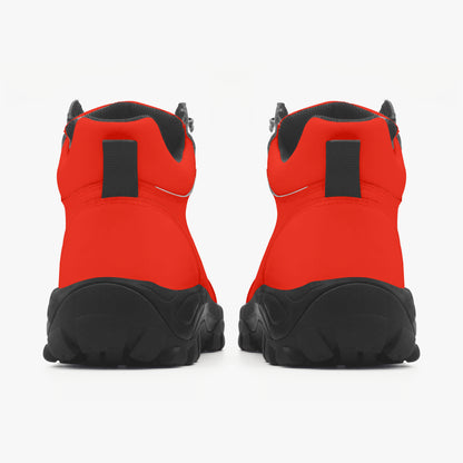 Red and black boots shown from the back on a white background