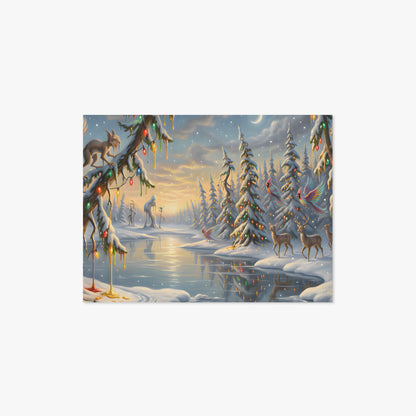 Inspired by Dali, Winter scene with trees, animals, and a lake on a snowy landscape.