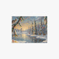 Inspired by Dali, Winter scene with trees, animals, and a lake on a snowy landscape.