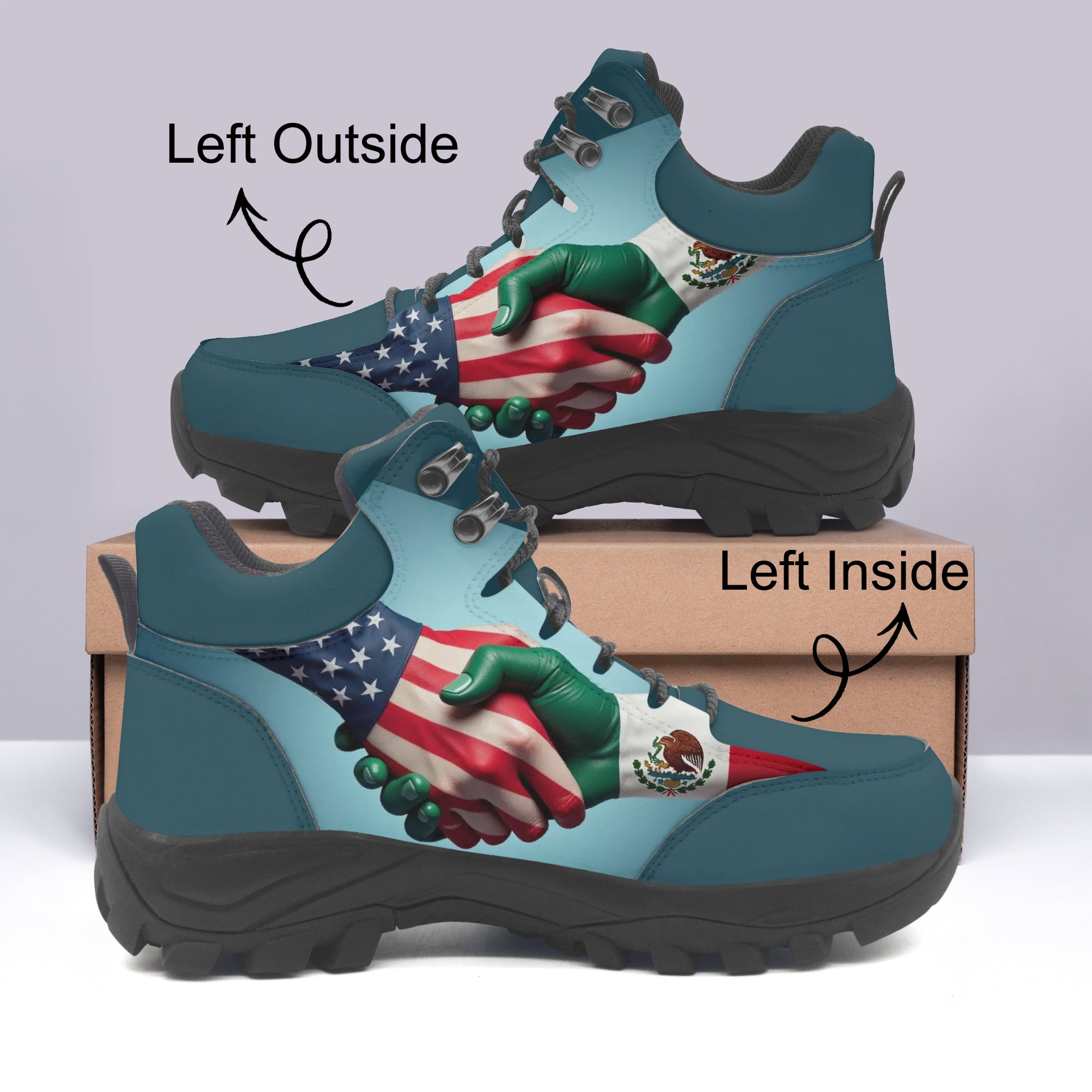 Pair of hiking boots with American and Mexican flag design on a light gray background
