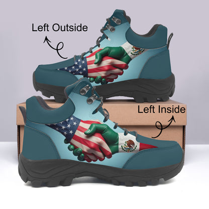 Pair of hiking boots with American and Mexican flag design on a light gray background