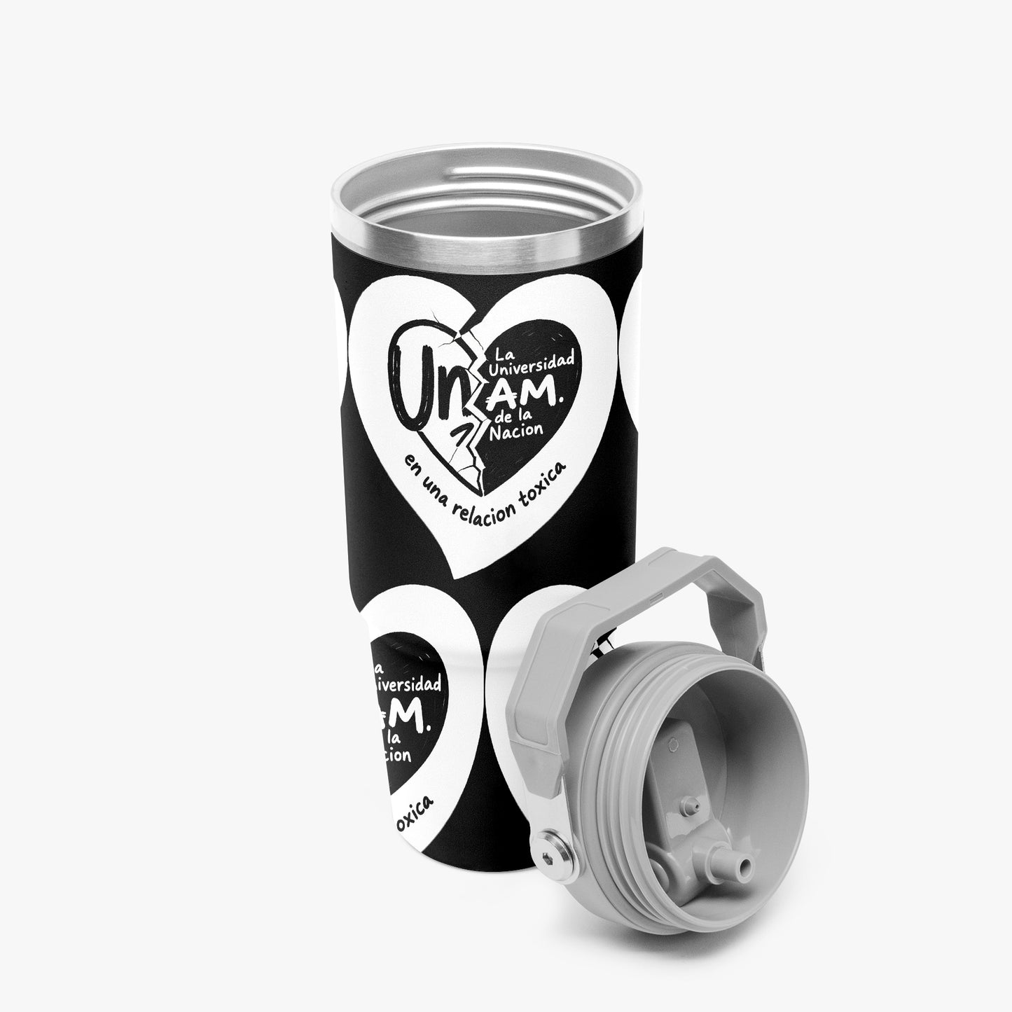 Black tumbler with white heart design and text on a white background.
UNAM