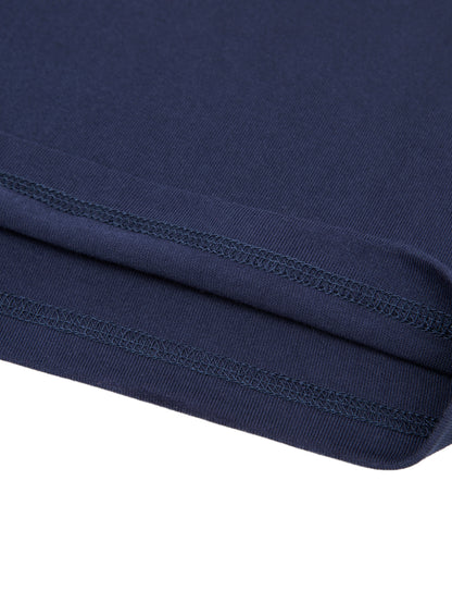 Close-up of a navy blue T-Shirt fabric with stitching detail on a white background