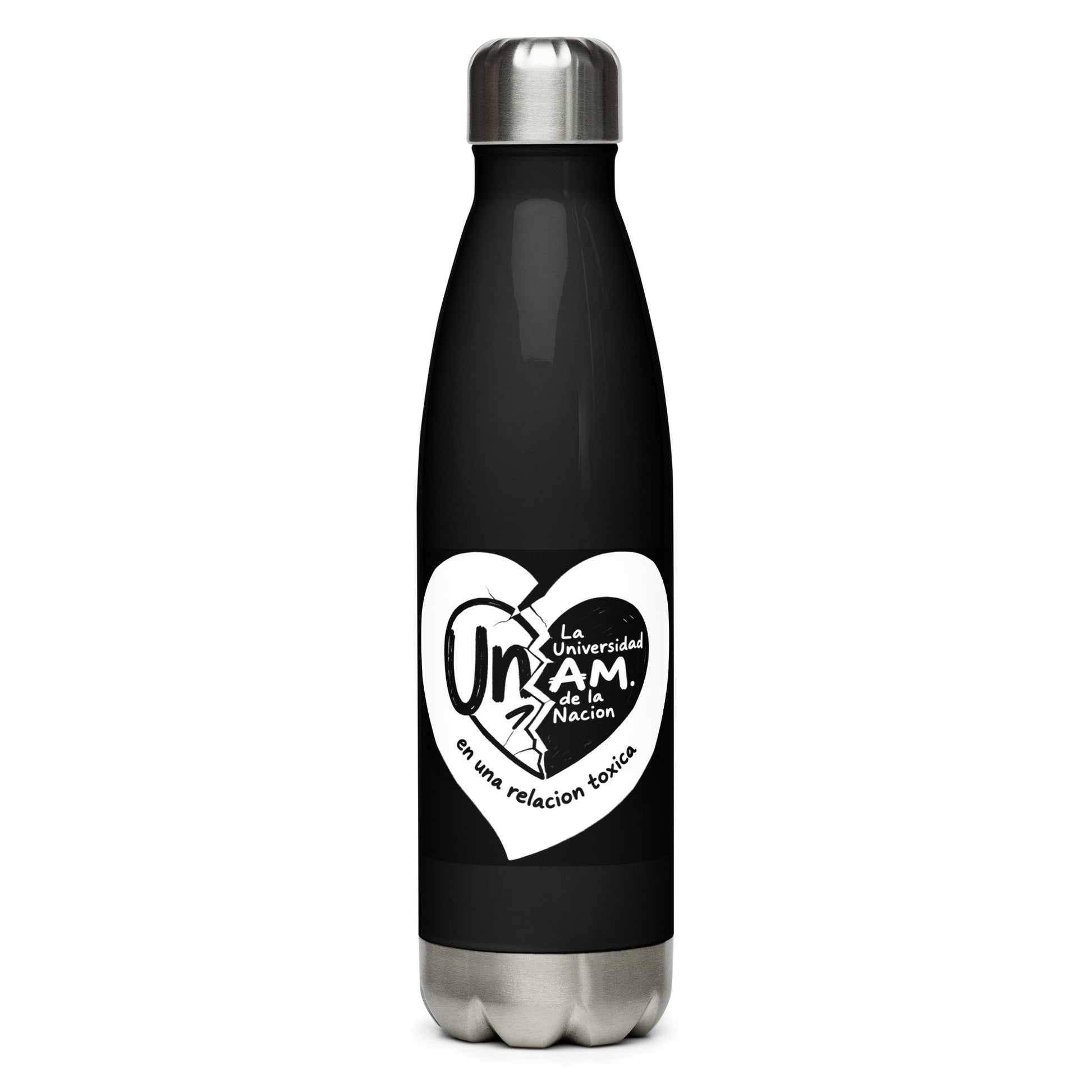 Black water bottle with a white heart-shaped logo on a white background
UNAM Water Bottle - 17oz

UNAM Pride
