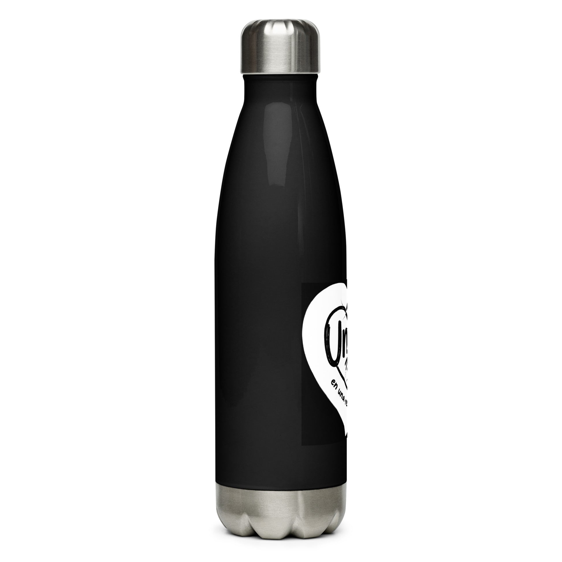 Black water bottle with a white heart-shaped logo on a white background
UNAM Water Bottle - 17oz

UNAM Pride